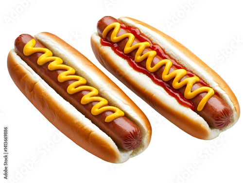 Isolated Photo Of Two Hotdogs With Mustard And Ketchup On Transparent Background
