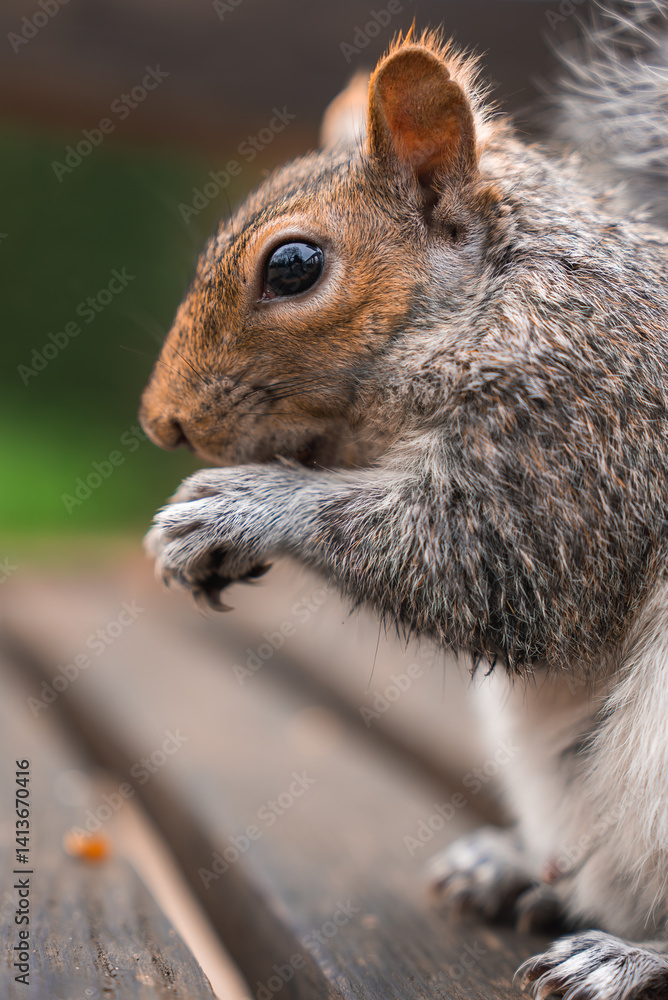A gray squirrel sits on a wooden surface, holding its paws close to its chest. The blurred green background suggests an outdoor park setting.