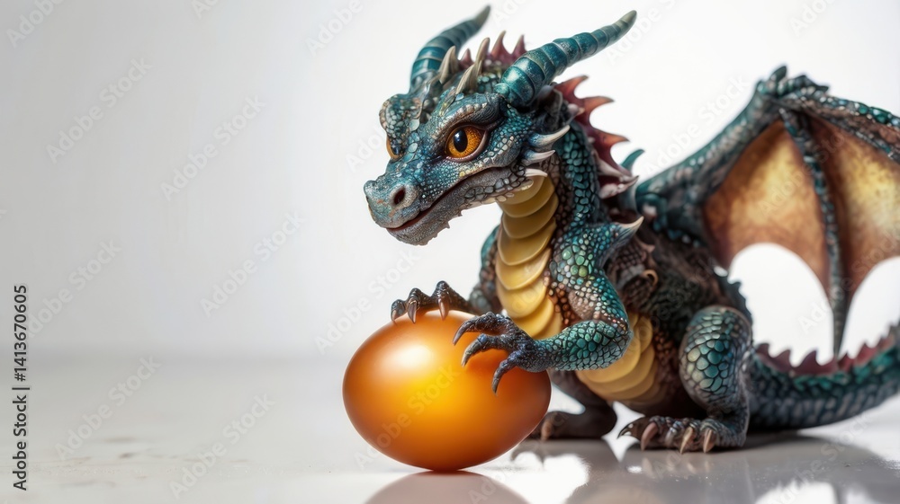 Obraz premium Adorable Baby Dragon Figurine Guarding Golden Egg