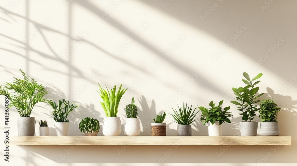 Set of green home plants on wooden shelf against neutral wall with wide blank space and natural light Set of green home plants on wooden shelf against neutral wall with wide blank space and natural light