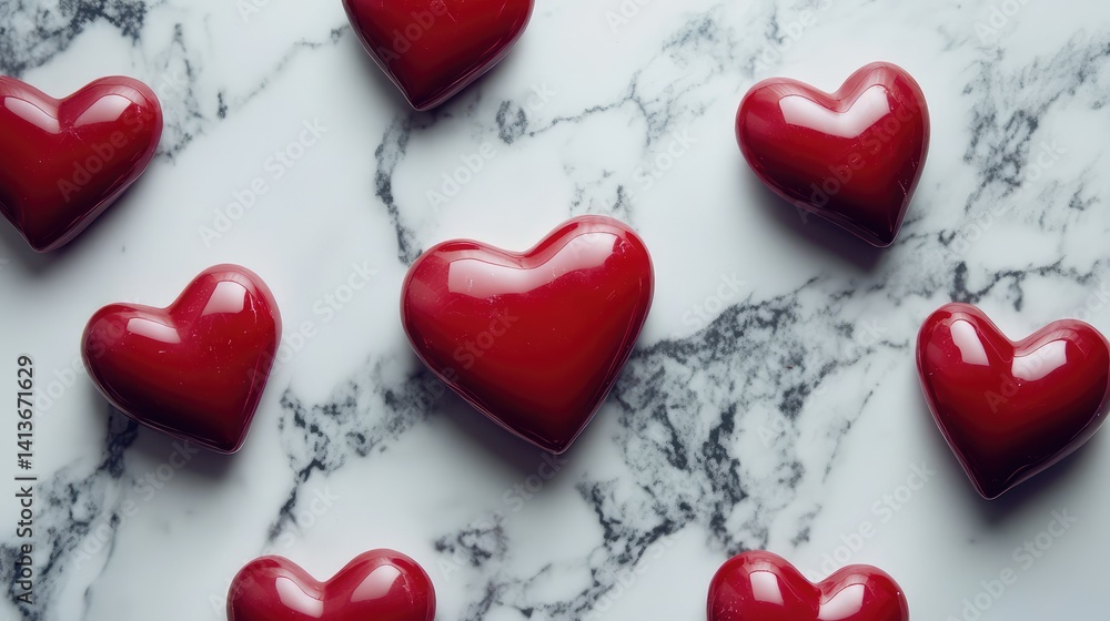 Fototapeta premium Top view of small heart-shaped objects arranged on marble surface with spacious empty middle