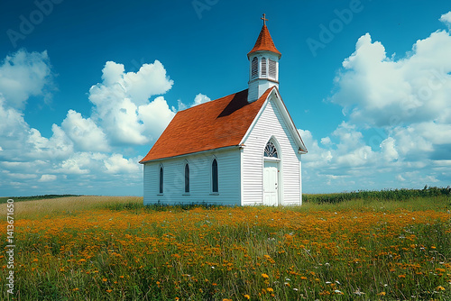 White Church, Orange Roof, Field of Flowers