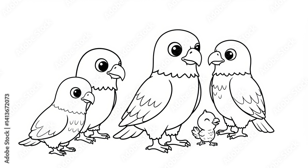 Adorable Group of Lovebirds and Chick Line Art Adorable Group of Lovebirds and Chick Line Art