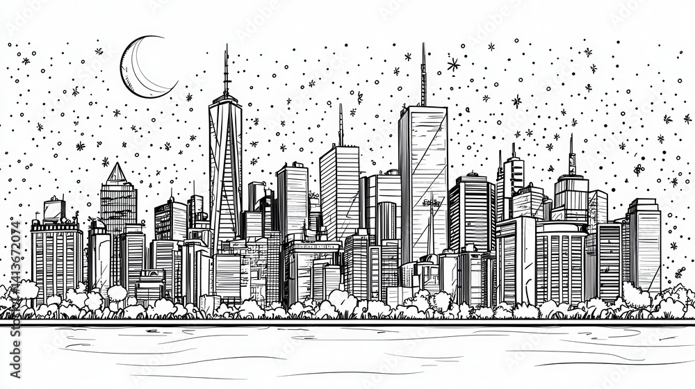 Fototapeta premium Skyline Illustration of Urban City with Stars and Moon at Night