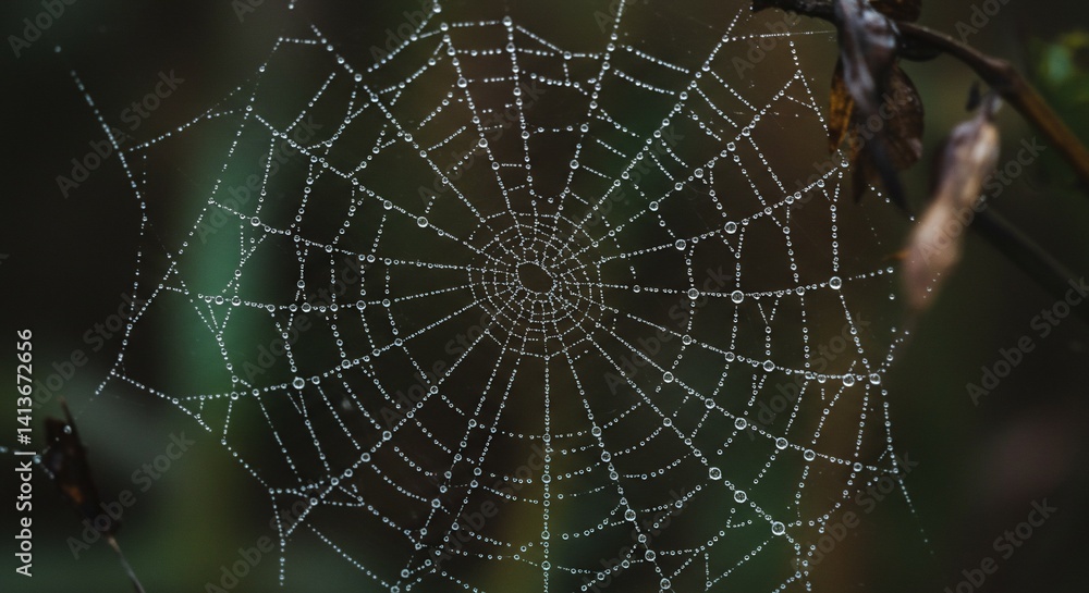 Obraz premium Dew-kissed web glistens, a testament to nature's artistry and precision.