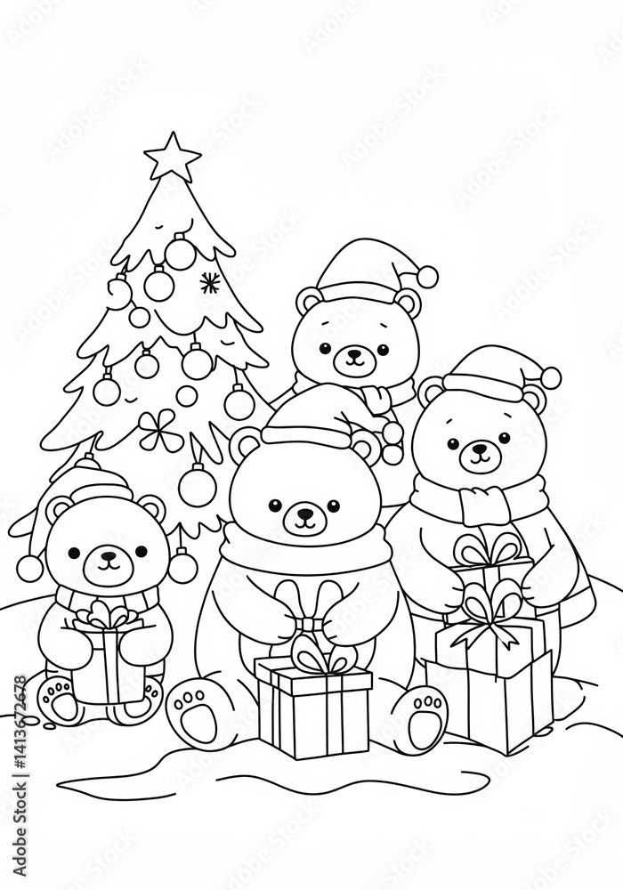 Fototapeta premium Cute Bears Celebrating Christmas with Gifts and Tree