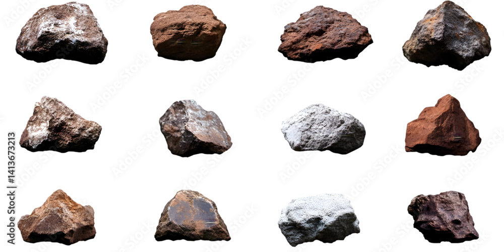 Isolated Rock Set on Black Background Photo Featuring Rough Textures and Details