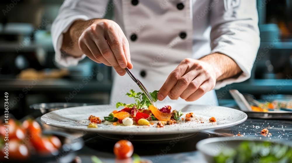 Artisanal culinary creation: Chef meticulously plating exquisite gastronomic delight Artisanal culinary creation: Chef meticulously plating exquisite gastronomic delight