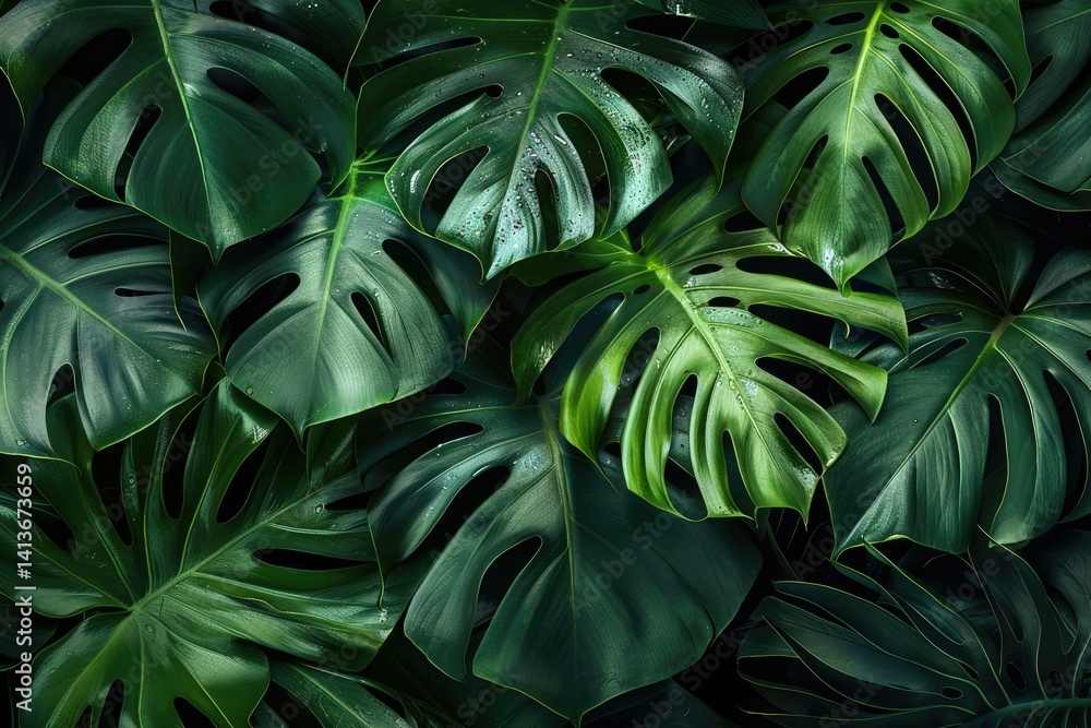 High Detail Image of Tropical Leaves Background Dark Green Monstera Leaves Texture High Detail Image of Tropical Leaves Background Dark Green Monstera Leaves Texture
