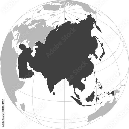 World vector map with continent boundaries and graticules (Asia-centered & highlighted view, orthographic projection, PPT-compatible & fully editable)
