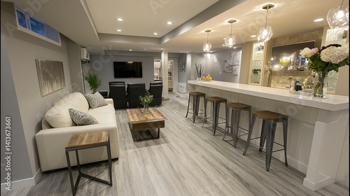 Modern, well-appointed basement recreation area with bar.