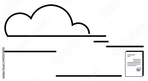 Cloud with sleek lines symbolizing data flow and a digital document icon representing cloud storage. Ideal for cloud services, document sharing, data storage, technology, file transfer, minimal tech