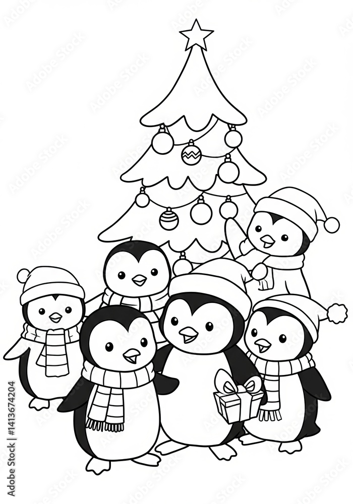 Fototapeta premium Cute Penguins Celebrate Christmas Near Decorated Tree