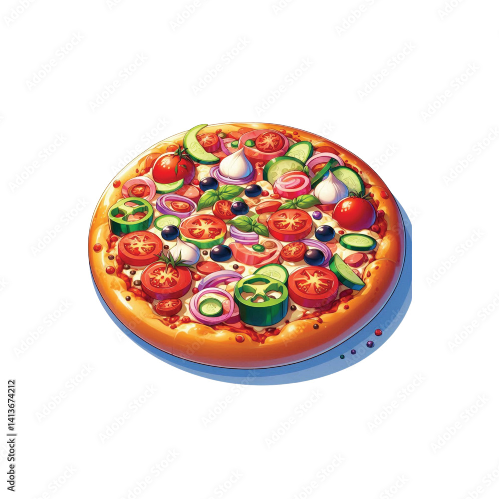 High resolution and high quality anime style vector illustration of a brightly colored pizza with several toppings on a simple white background. High resolution and high quality anime style vector illustration of a brightly colored pizza with several toppings on a simple white background.