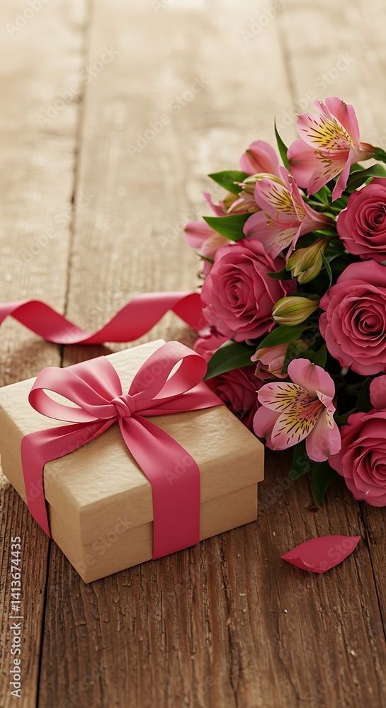 Obraz premium Gift Box with Ribbon and Flowers on Table – Mother's Day Present Scene