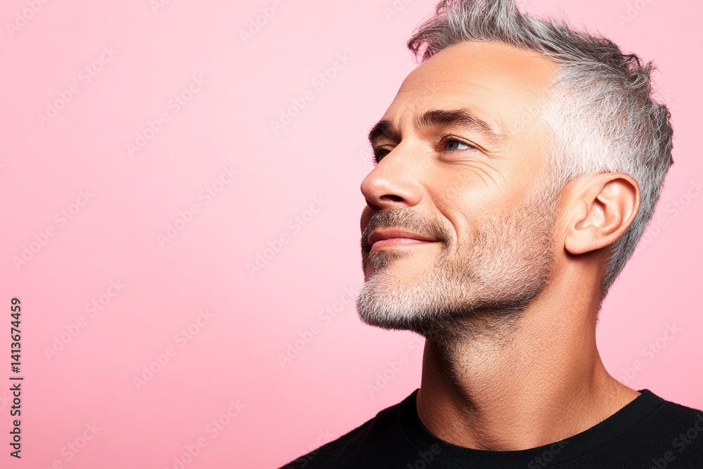 Fototapeta premium Conceptual art of style for aging men. Fashionable men's short caesar haircut - midlife white man with grey hair. Pink solid background. A relaxed and poised man showing grace.
