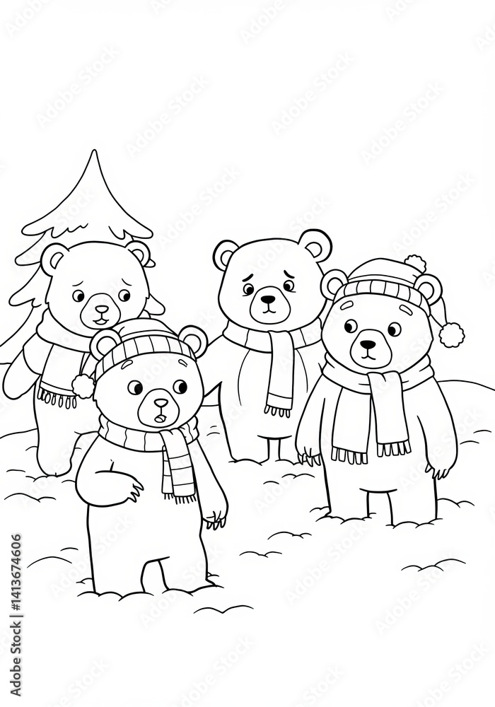 Fototapeta premium Four Cute Cartoon Bears in Winter Wonderland