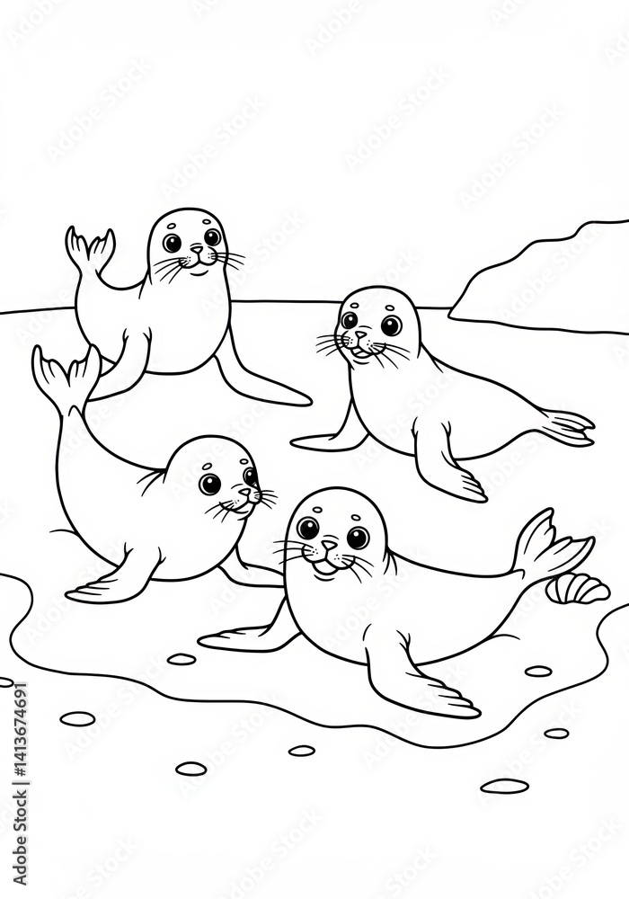 Obraz premium Four Playful Seals on a Beach: A Black and White Illustration