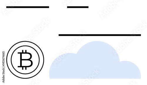 Bitcoin logo beside abstract cloud hints at digital transactions. Ideal for blockchain, fintech, cryptocurrency, cloud computing, digital security, decentralized systems, flat simple metaphor