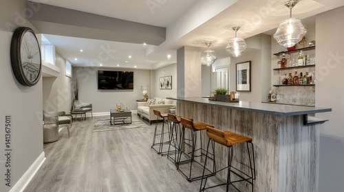 Modern basement bar area with living space.