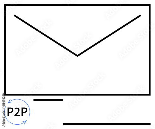 Envelope with P2P cycle icon representing secure peer-to-peer communication, data transfer, or private messaging. Ideal for collaboration, emails, networking, technology, security, simplicity flat