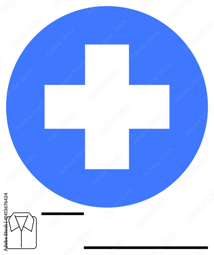 Obraz premium White cross inside a blue circle, minimal shirt outline, and black horizontal bars. Ideal for healthcare, emergency, assistance, medicine, hygiene uniforms and simplicity. Flat simple metaphor