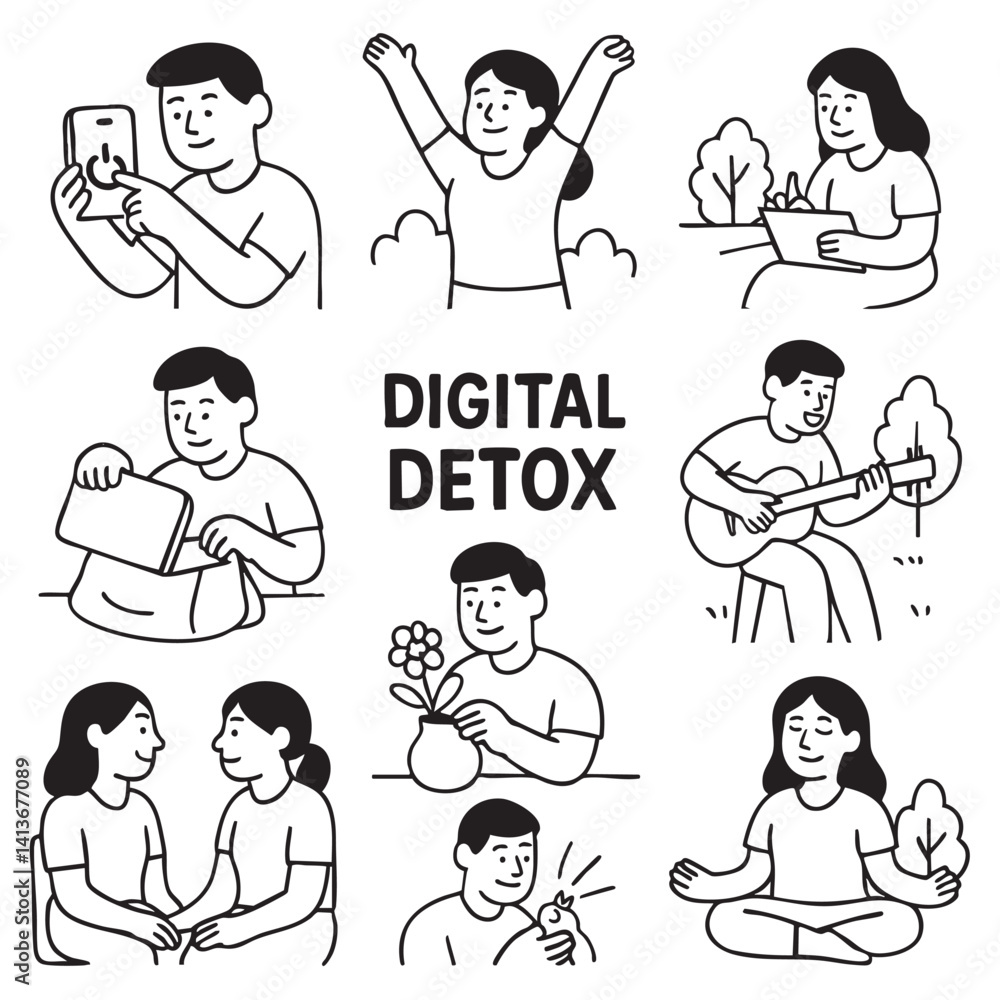 Digital detox illustrations showcase various activities promoting mindfulness and connection. Engaging in nature, creativity, and personal interactions fosters well being and reduces screen time Digital detox illustrations showcase various activities promoting mindfulness and connection. Engaging in nature, creativity, and personal interactions fosters well being and reduces screen time