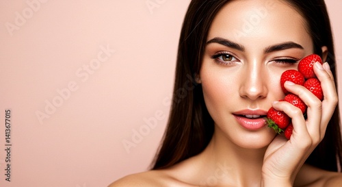 A young woman with glowing skin holding fresh strawberries near her face