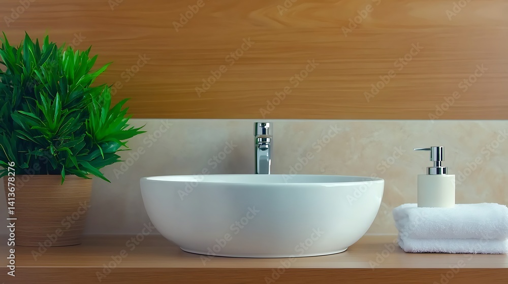 Fototapeta premium Minimalist bathroom scene with a white bowl sink, green plant, and neutral colors