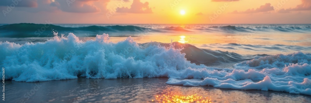 Fototapeta premium Soft blue ocean wave gently crashes on the sandy beach at sunset , wave, landscape