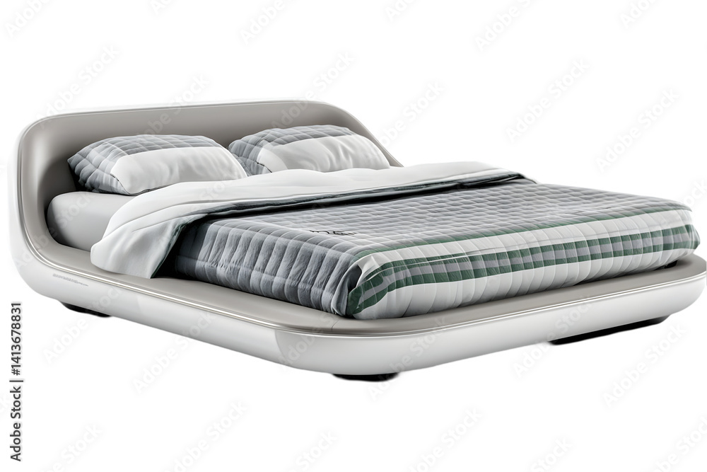 Modern White Bed with Pillows and Blanket Isolated Background Photo Modern White Bed with Pillows and Blanket Isolated Background Photo