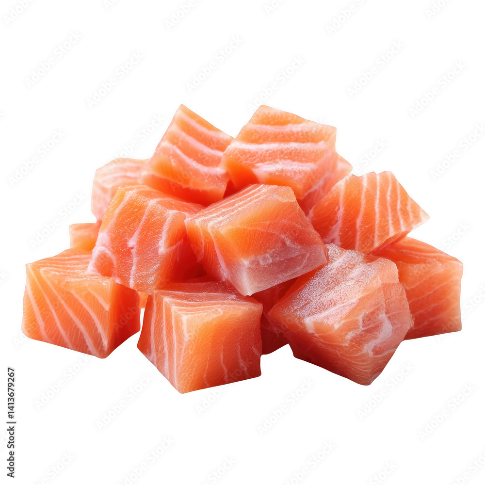 Fresh Raw Salmon Meat Cubes Dice for Sushi and Sashimi Isolated Transparent Background Fresh Raw Salmon Meat Cubes Dice for Sushi and Sashimi Isolated Transparent Background