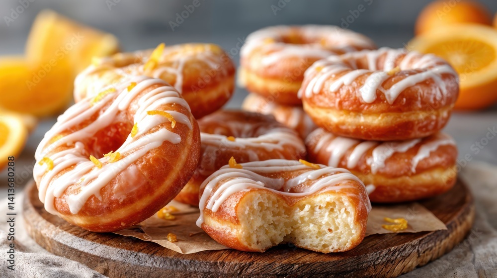A tempting assortment of freshly baked donuts, adorned with vibrant orange icing, arranged on a wooden platter. Citrus slices add a lively touch to the cozy kitchen ambiance. A tempting assortment of freshly baked donuts, adorned with vibrant orange icing, arranged on a wooden platter. Citrus slices add a lively touch to the cozy kitchen ambiance.