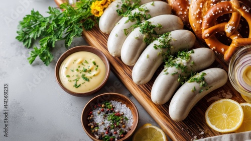 Delicious bavarian breakfast with white sausage pretzels sweet mustard lemon and parsley leaves