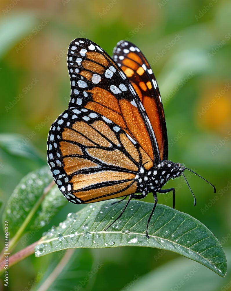 Fototapeta premium A monarch butterfly perches gracefully on a lush green leaf surrounded by a colorful garden, soaking up the warm afternoon sun and displaying its stunning orange and black wings.