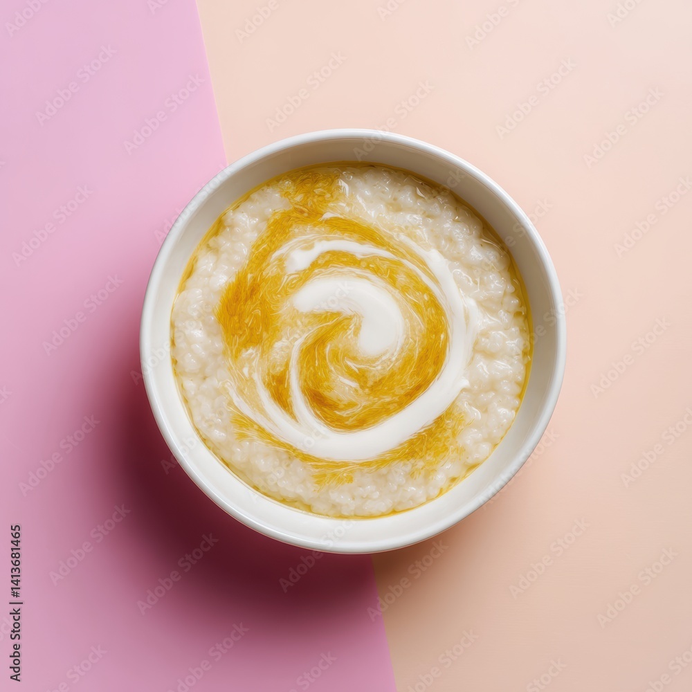 Elegant and delightful rice porridge topped with creamy white swirl and sweet golden syrup minimalist style food presentation Elegant and delightful rice porridge topped with creamy white swirl and sweet golden syrup minimalist style food presentation