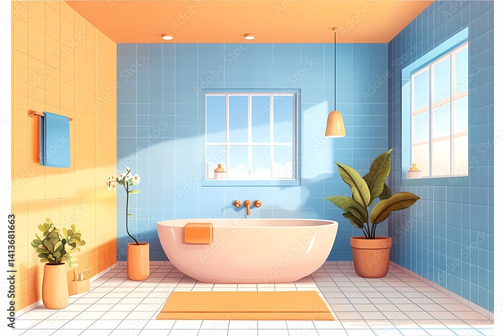 Fototapeta premium Modern Luxury Bathroom Design: Colorful Interior with Blue Walls and Orange Accents