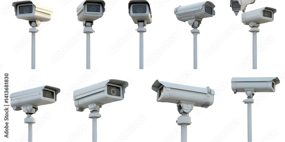 Photo of Multiple White Security Cameras Isolated on Black Background