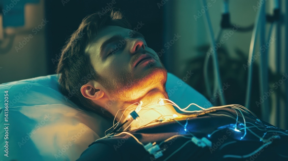 Obraz premium Medical Sleep Study: Man Undergoing Monitoring