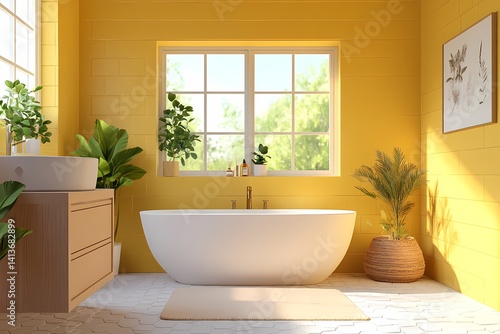 Modern Yellow Freestanding Bathtub in a Minimalist Bathroom with Natural Light and Plants - Contemporary Interior Design for Relaxation and Elegance