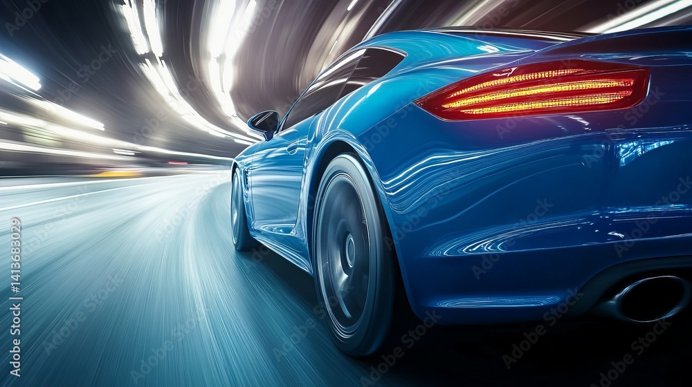 Rear view of blue business car speeding through turn on highway, fast-paced driving action Rear view of blue business car speeding through turn on highway, fast-paced driving action