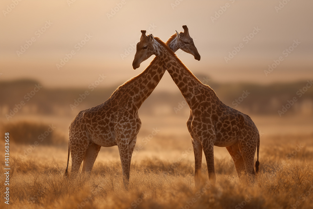 Obraz premium Two giraffes affectionately crossing necks in golden savanna at sunset, warm romantic wildlife moment, symbol of love and unity, perfect for safari, romance, or Valentine's Day themes