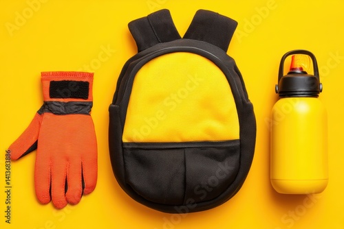 Vibrant Yellow Still Life Featuring Backpack Orange Glove and Water Bottle Minimalist Flat Lay