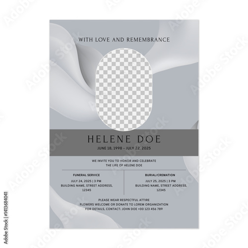 Floral funeral service invitation template features a flowing and translucent waves in shades of gray and an oval placeholder for a photo on soft gray background. The tone is somber and respect