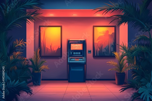 Modern ATM Machine in Vibrant Neon-Jungled Banking Interior – Urban Convenience and Secure Digital Transactions