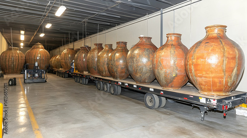 Large terracotta jars transported in warehouse