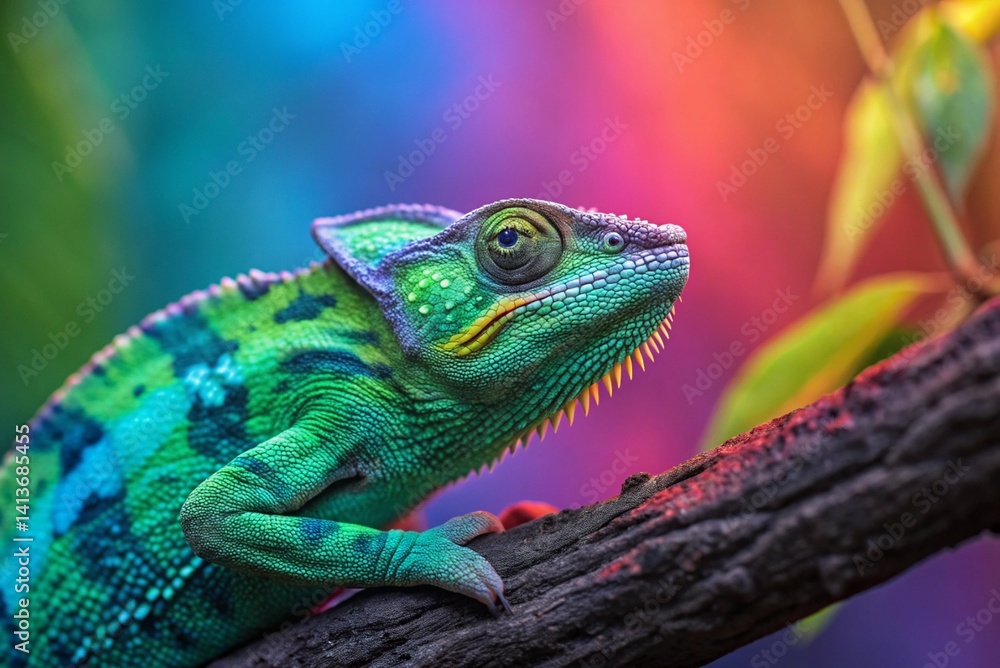 Fototapeta premium Neon Chameleon Blending into Vibrant Chromatic Background Symbolizing Adaptability - generated by ai