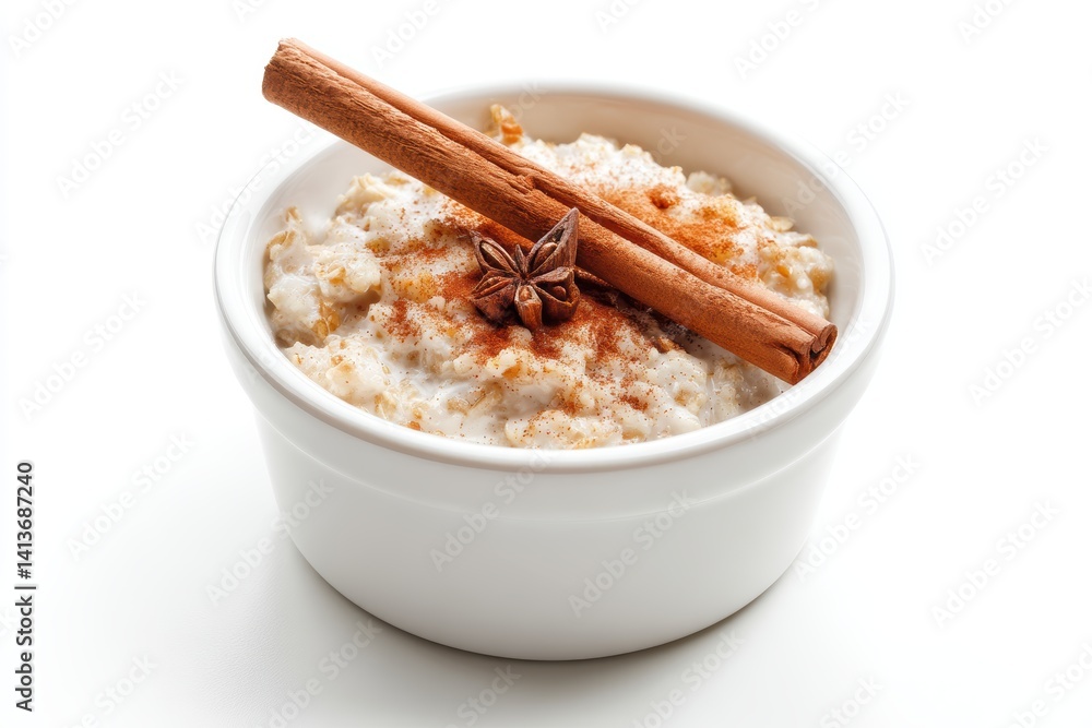 Delicious hot oatmeal with cinnamon sticks and star anise in a white bowl on a white backdrop food photography Delicious hot oatmeal with cinnamon sticks and star anise in a white bowl on a white backdrop food photography