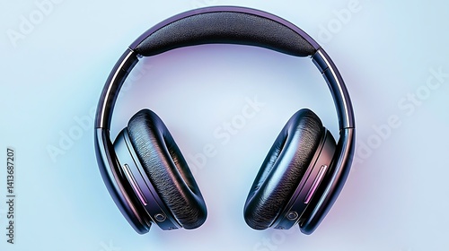 Overhead headphones on a light background show deep black padding. Iridescent, stylish listening device