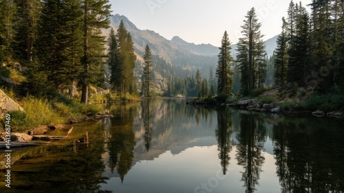 Serene alpine lake reflecting coniferous forest and mountains under ethereal morning light hazy mountain range